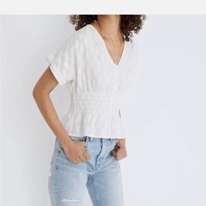 Madewell V-Neck Smocked-Waist Top in Square Jacquard in Eyelet White S-xxs